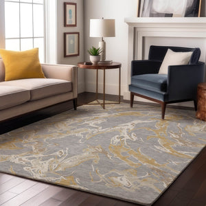 HomeRoots 10' X 14' Gray Gold Ivory Abstract Washable Area Rug - Stylish, Durable, and UV-Protected for Homes 681245