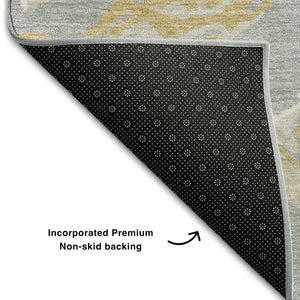 HomeRoots 10' X 14' Gray Gold Ivory Abstract Washable Area Rug - Stylish, Durable, and UV-Protected for Homes 681245