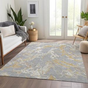 HomeRoots 10' X 14' Gray Gold Ivory Abstract Washable Area Rug - Stylish, Durable, and UV-Protected for Homes 681245