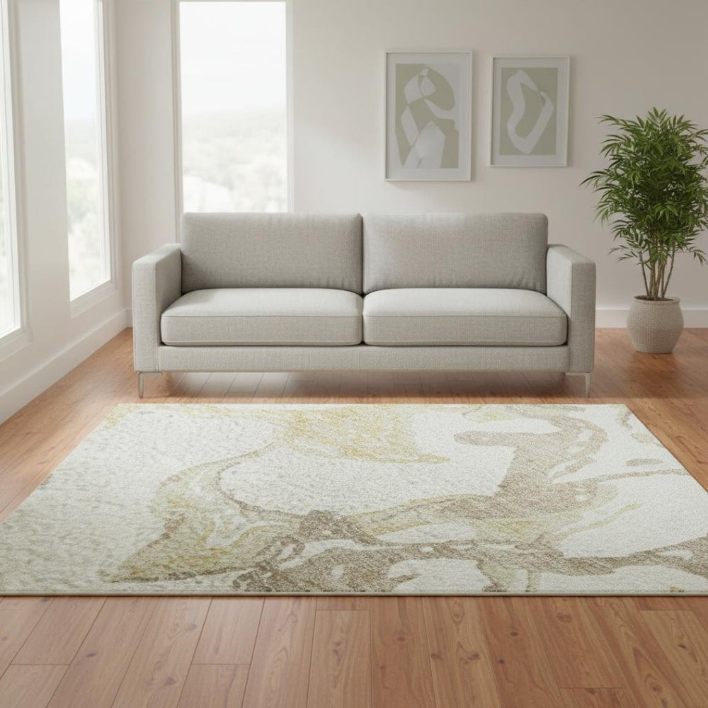 HomeRoots 5' X 8' Ivory Beige & Gold Abstract Area Rug - Washable, UV Protected, Family-Friendly Elegance 681247