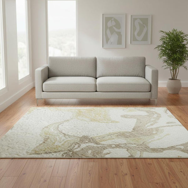 HomeRoots 5' X 8' Ivory Beige & Gold Abstract Area Rug - Washable, UV Protected, Family-Friendly Elegance 681247