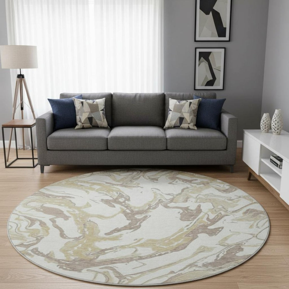 HomeRoots 8' Ivory Beige and Gold Abstract Round Rug - Washable, Stain-Resistant, UV Protected for All Spaces 681248