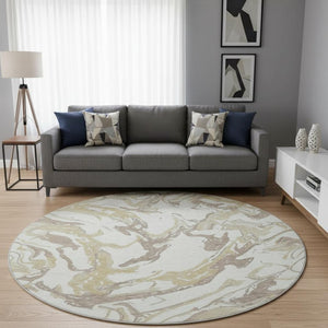 HomeRoots 8' Ivory Beige and Gold Abstract Round Rug - Washable, Stain-Resistant, UV Protected for All Spaces 681248