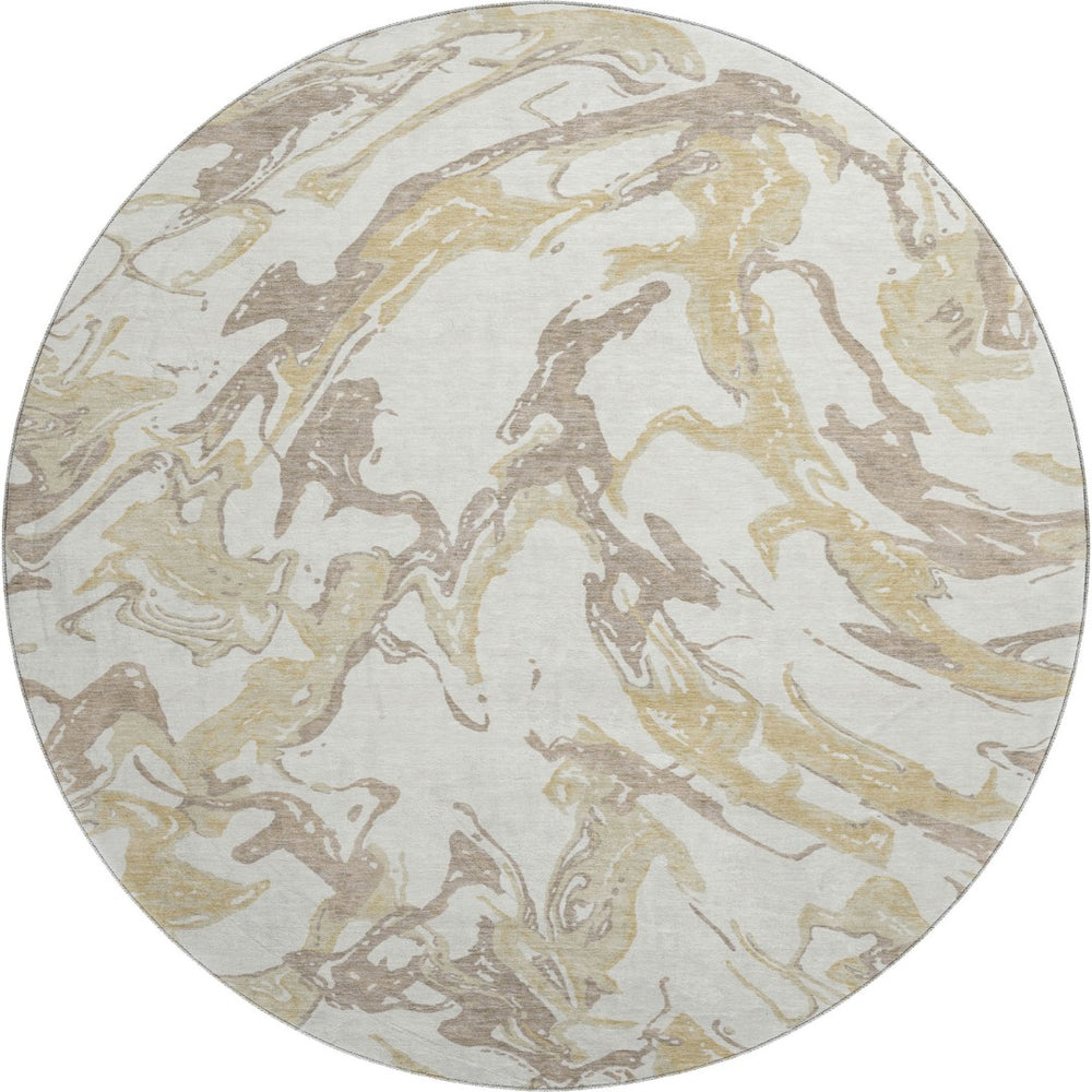 HomeRoots 8' Ivory Beige and Gold Abstract Round Rug - Washable, Stain-Resistant, UV Protected for All Spaces 681248