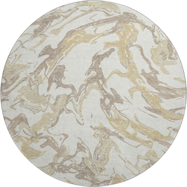 HomeRoots 8' Ivory Beige and Gold Abstract Round Rug - Washable, Stain-Resistant, UV Protected for All Spaces 681248