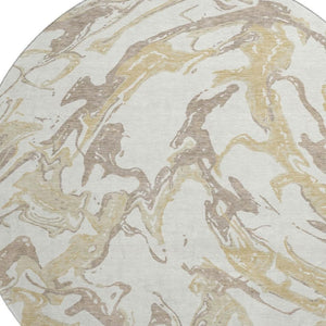 HomeRoots 8' Ivory Beige and Gold Abstract Round Rug - Washable, Stain-Resistant, UV Protected for All Spaces 681248