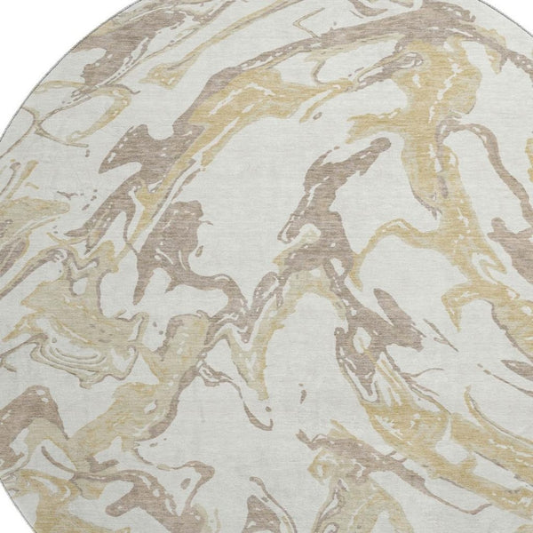 HomeRoots 8' Ivory Beige and Gold Abstract Round Rug - Washable, Stain-Resistant, UV Protected for All Spaces 681248