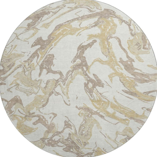 HomeRoots 8' Ivory Beige and Gold Abstract Round Rug - Washable, Stain-Resistant, UV Protected for All Spaces 681248