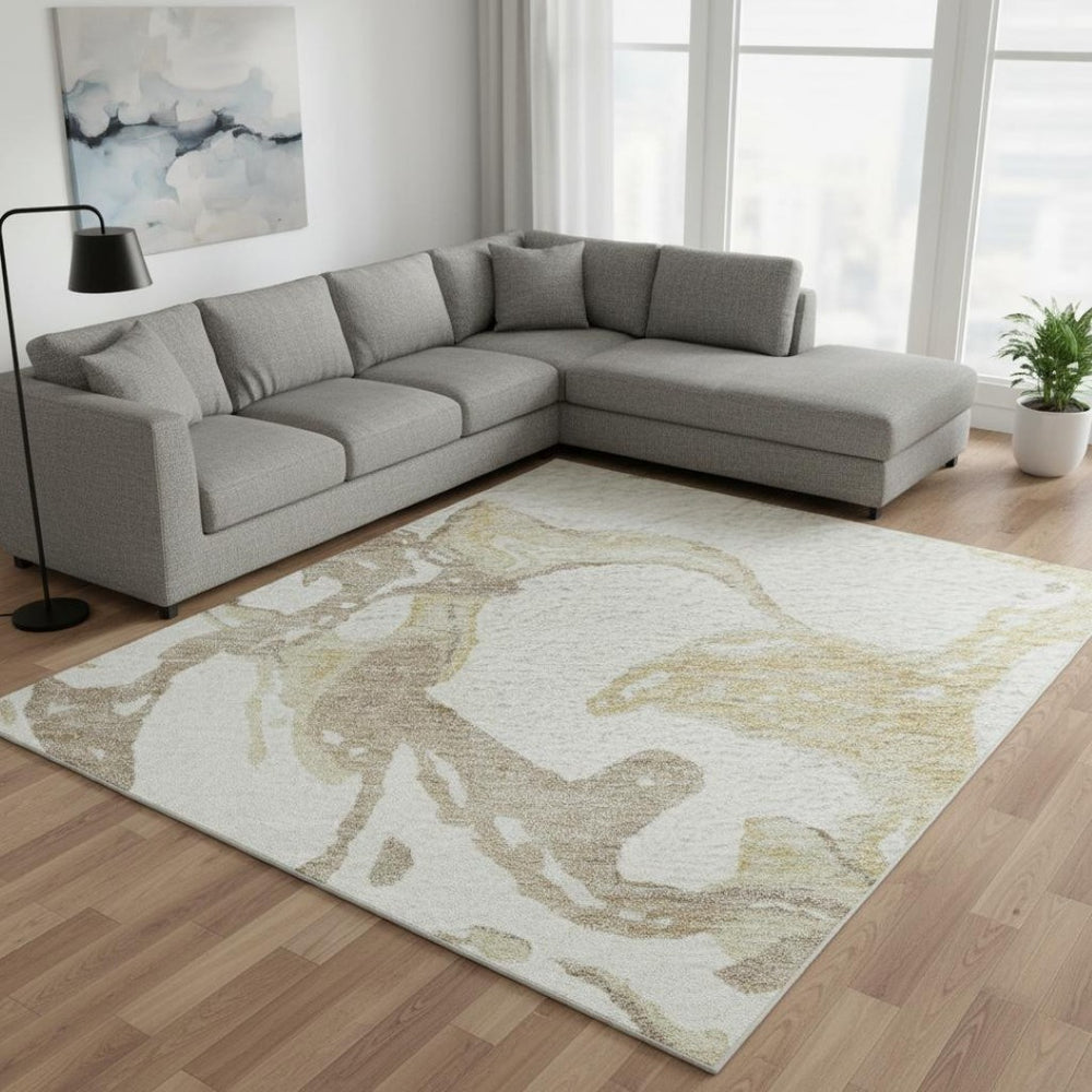 HomeRoots 9' X 12' Ivory Beige & Gold Abstract Area Rug - Durable, Washable, UV Protection for Modern Homes 681250