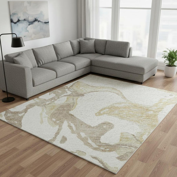 HomeRoots 9' X 12' Ivory Beige & Gold Abstract Area Rug - Durable, Washable, UV Protection for Modern Homes 681250