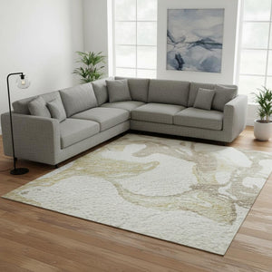 HomeRoots 10' X 14' Ivory Beige & Gold Abstract Area Rug – Stylish, Washable, UV-Protected for Busy Homes 681251