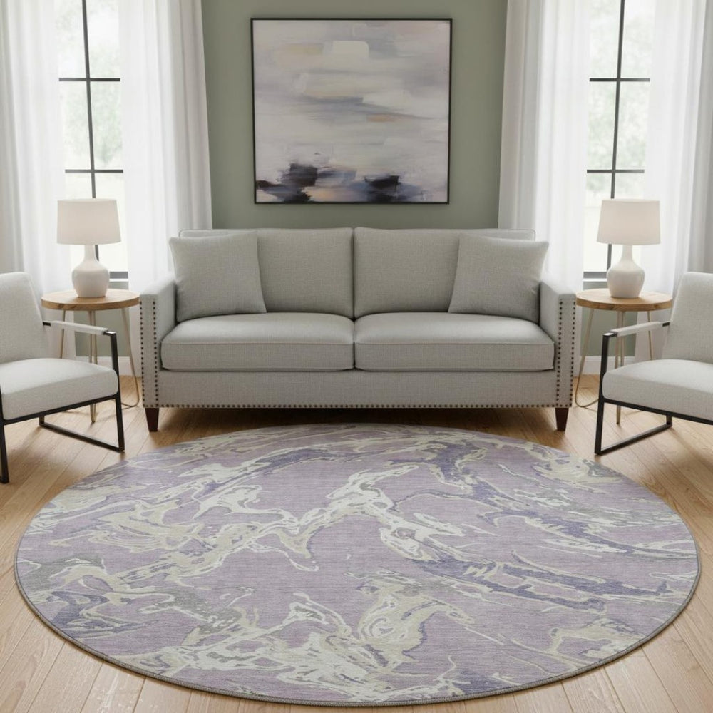 HomeRoots 8' Modern Abstract Washable Round Rug in Lavender, Ivory & Beige - Stain Resistant & UV Protected! 681254