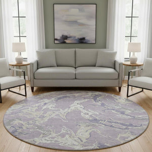 HomeRoots 8' Modern Abstract Washable Round Rug in Lavender, Ivory & Beige - Stain Resistant & UV Protected! 681254