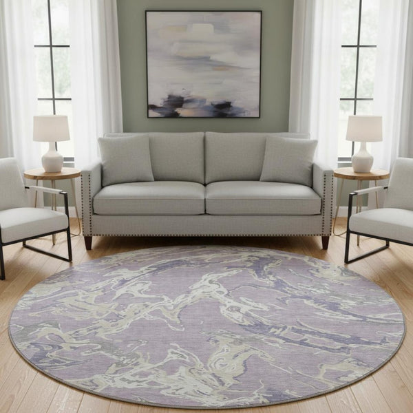 HomeRoots 8' Modern Abstract Washable Round Rug in Lavender, Ivory & Beige - Stain Resistant & UV Protected! 681254