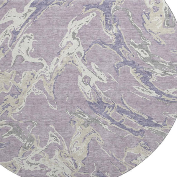 HomeRoots 8' Modern Abstract Washable Round Rug in Lavender, Ivory & Beige - Stain Resistant & UV Protected! 681254