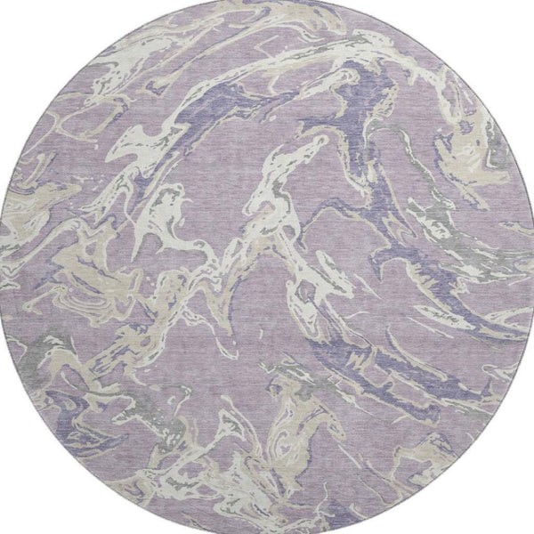 HomeRoots 8' Modern Abstract Washable Round Rug in Lavender, Ivory & Beige - Stain Resistant & UV Protected! 681254