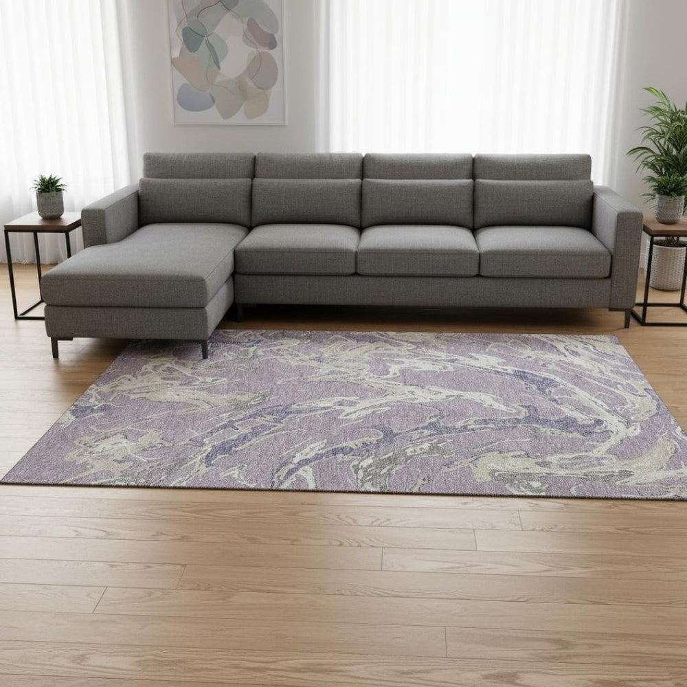 HomeRoots 8' X 10' Abstract Lavender Ivory Beige Washable Area Rug - UV Protected, Durable & Pet-Friendly Design 681255