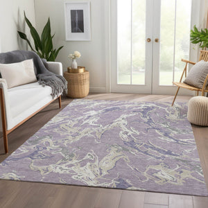 HomeRoots 8' X 10' Abstract Lavender Ivory Beige Washable Area Rug - UV Protected, Durable & Pet-Friendly Design 681255