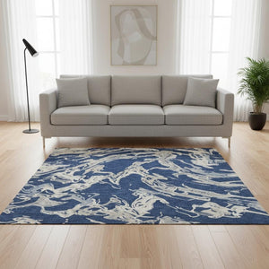 HomeRoots 5' X 8' Modern Navy Blue, Ivory & Gray Washable Area Rug with UV Protection for Active Homes 681259