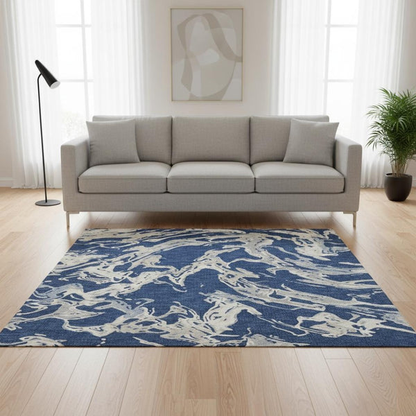 HomeRoots 5' X 8' Modern Navy Blue, Ivory & Gray Washable Area Rug with UV Protection for Active Homes 681259