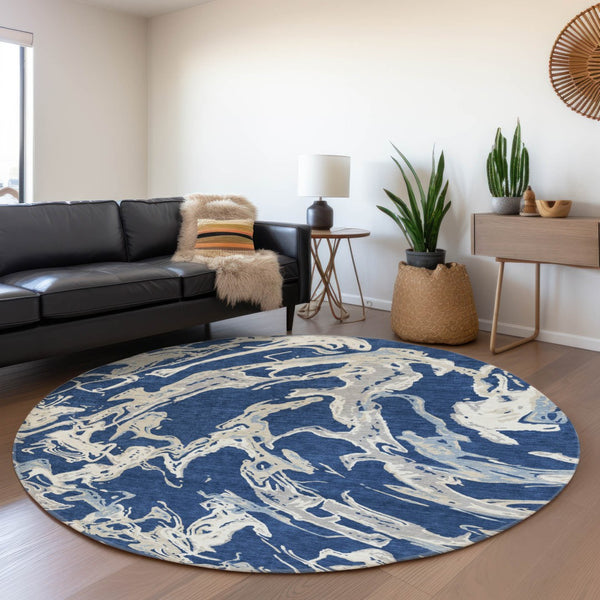 HomeRoots 8' Navy Blue, Ivory & Gray Abstract Washable Round Rug - UV Protected, Stain Resistant, Durable Design 681260
