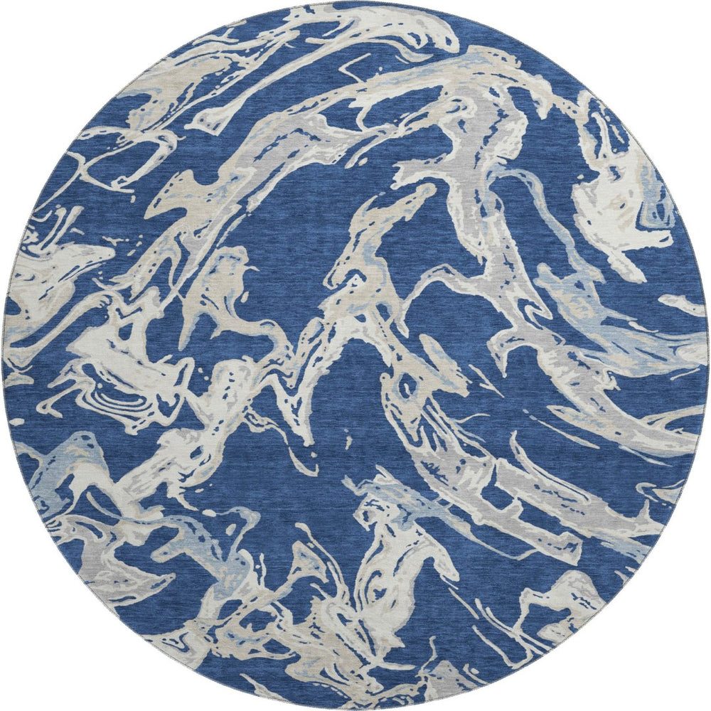 HomeRoots 8' Navy Blue, Ivory & Gray Abstract Washable Round Rug - UV Protected, Stain Resistant, Durable Design 681260