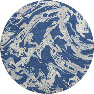HomeRoots 8' Navy Blue, Ivory & Gray Abstract Washable Round Rug - UV Protected, Stain Resistant, Durable Design 681260