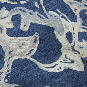 HomeRoots 8' Navy Blue, Ivory & Gray Abstract Washable Round Rug - UV Protected, Stain Resistant, Durable Design 681260