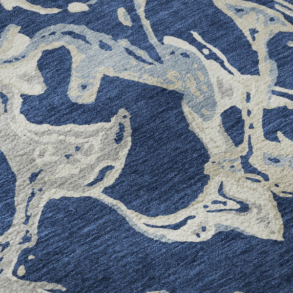 HomeRoots 8' Navy Blue, Ivory & Gray Abstract Washable Round Rug - UV Protected, Stain Resistant, Durable Design 681260