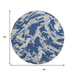 HomeRoots 8' Navy Blue, Ivory & Gray Abstract Washable Round Rug - UV Protected, Stain Resistant, Durable Design 681260