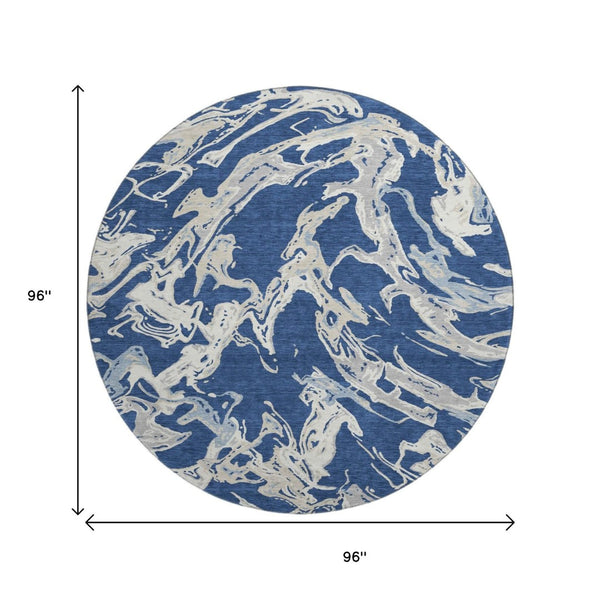 HomeRoots 8' Navy Blue, Ivory & Gray Abstract Washable Round Rug - UV Protected, Stain Resistant, Durable Design 681260