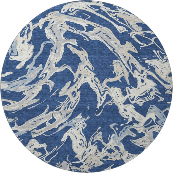 HomeRoots 8' Navy Blue, Ivory & Gray Abstract Washable Round Rug - UV Protected, Stain Resistant, Durable Design 681260