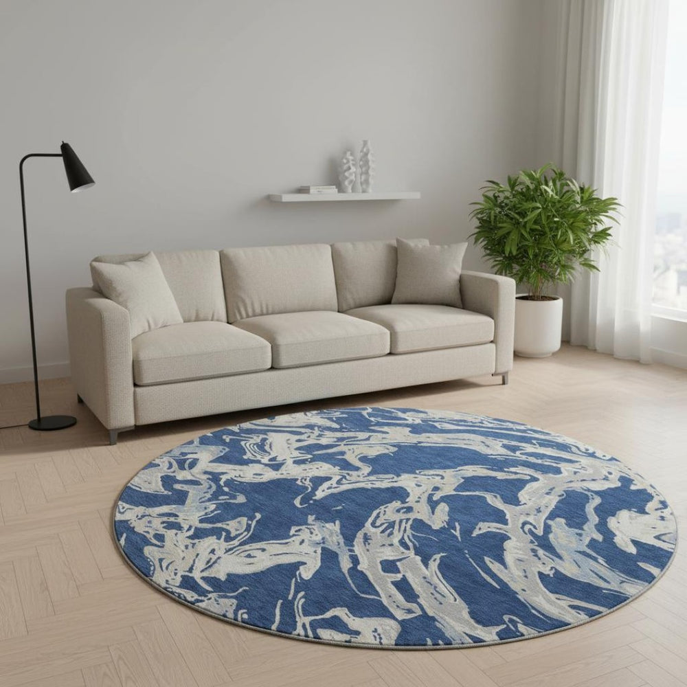 HomeRoots 8' Navy Blue, Ivory & Gray Abstract Washable Round Rug - UV Protected, Stain Resistant, Durable Design 681260