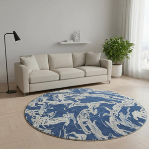 HomeRoots 8' Navy Blue, Ivory & Gray Abstract Washable Round Rug - UV Protected, Stain Resistant, Durable Design 681260