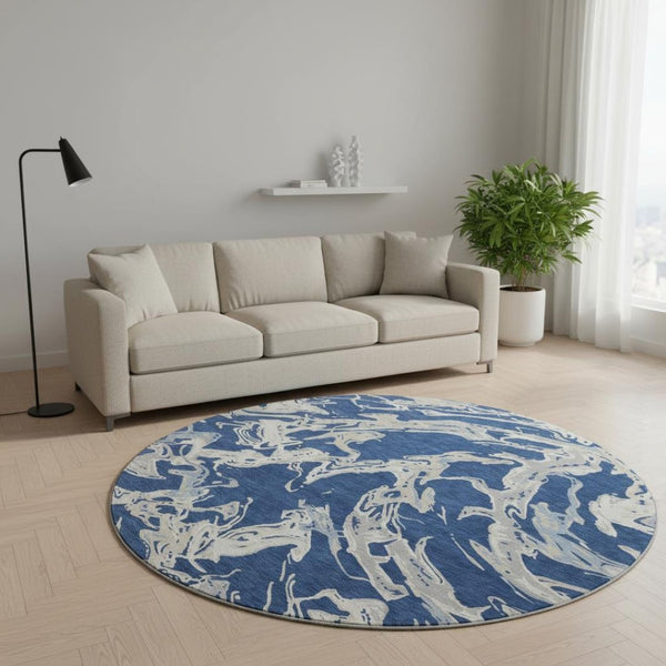 HomeRoots 8' Navy Blue, Ivory & Gray Abstract Washable Round Rug - UV Protected, Stain Resistant, Durable Design 681260