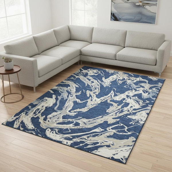 HomeRoots 8' X 10' Washable Navy Blue Ivory Gray Abstract Area Rug with UV Protection for Modern Spaces 681261