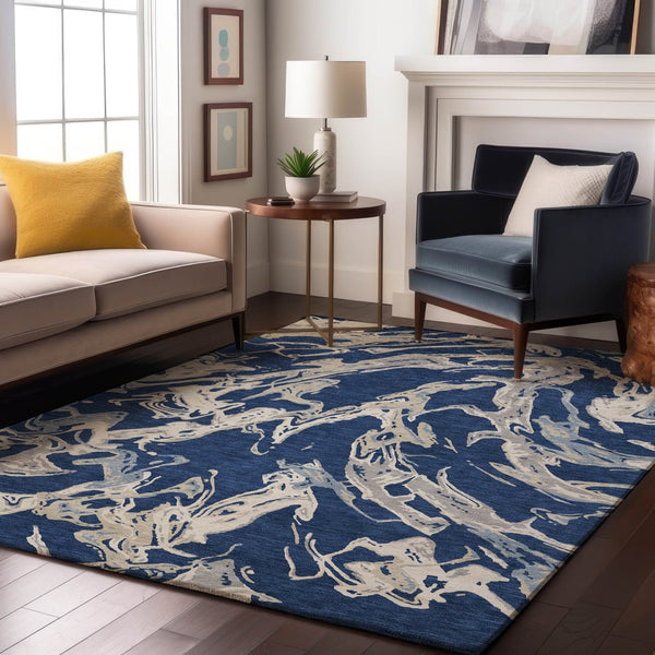 HomeRoots 8' X 10' Washable Navy Blue Ivory Gray Abstract Area Rug with UV Protection for Modern Spaces 681261