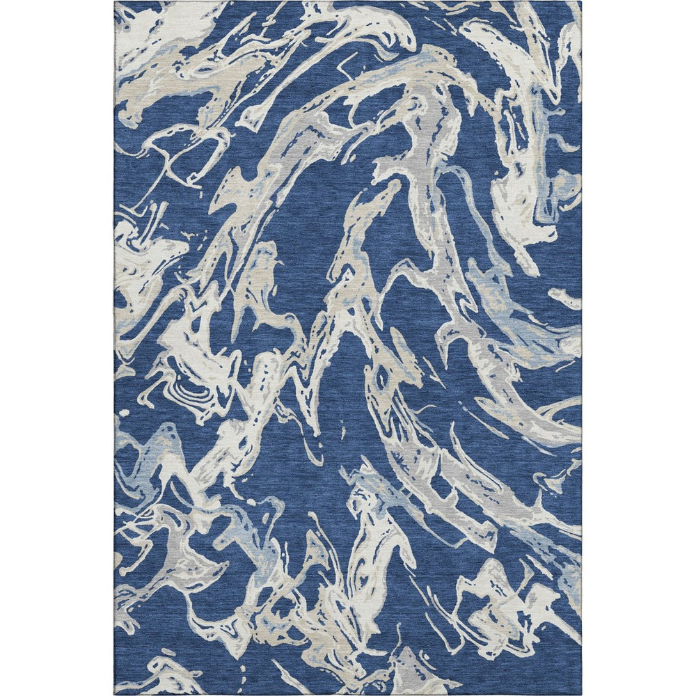 HomeRoots 8' X 10' Washable Navy Blue Ivory Gray Abstract Area Rug with UV Protection for Modern Spaces 681261