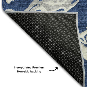 HomeRoots 8' X 10' Washable Navy Blue Ivory Gray Abstract Area Rug with UV Protection for Modern Spaces 681261