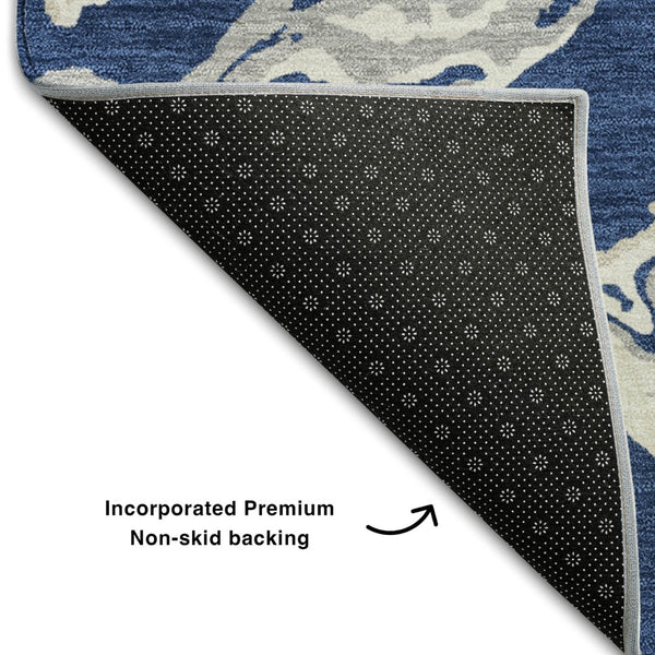 HomeRoots 8' X 10' Washable Navy Blue Ivory Gray Abstract Area Rug with UV Protection for Modern Spaces 681261
