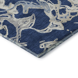 HomeRoots 8' X 10' Washable Navy Blue Ivory Gray Abstract Area Rug with UV Protection for Modern Spaces 681261