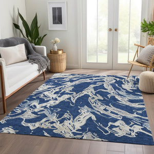 HomeRoots 8' X 10' Washable Navy Blue Ivory Gray Abstract Area Rug with UV Protection for Modern Spaces 681261