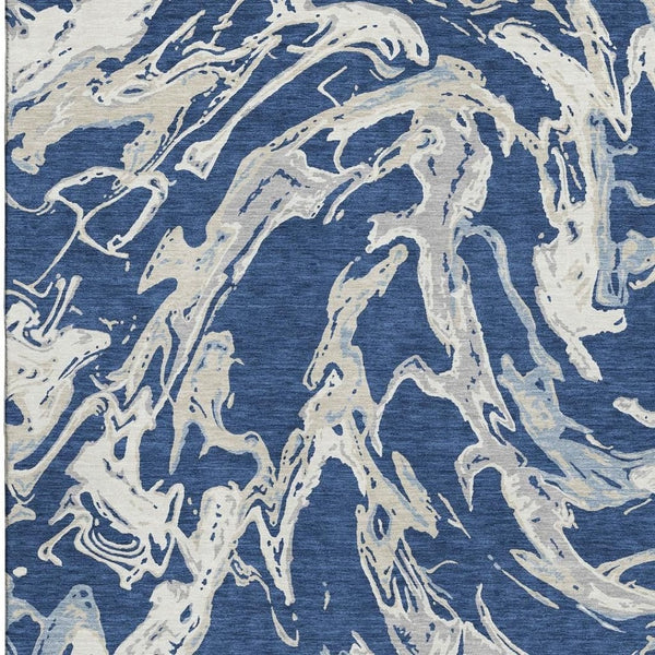 HomeRoots 8' X 10' Washable Navy Blue Ivory Gray Abstract Area Rug with UV Protection for Modern Spaces 681261