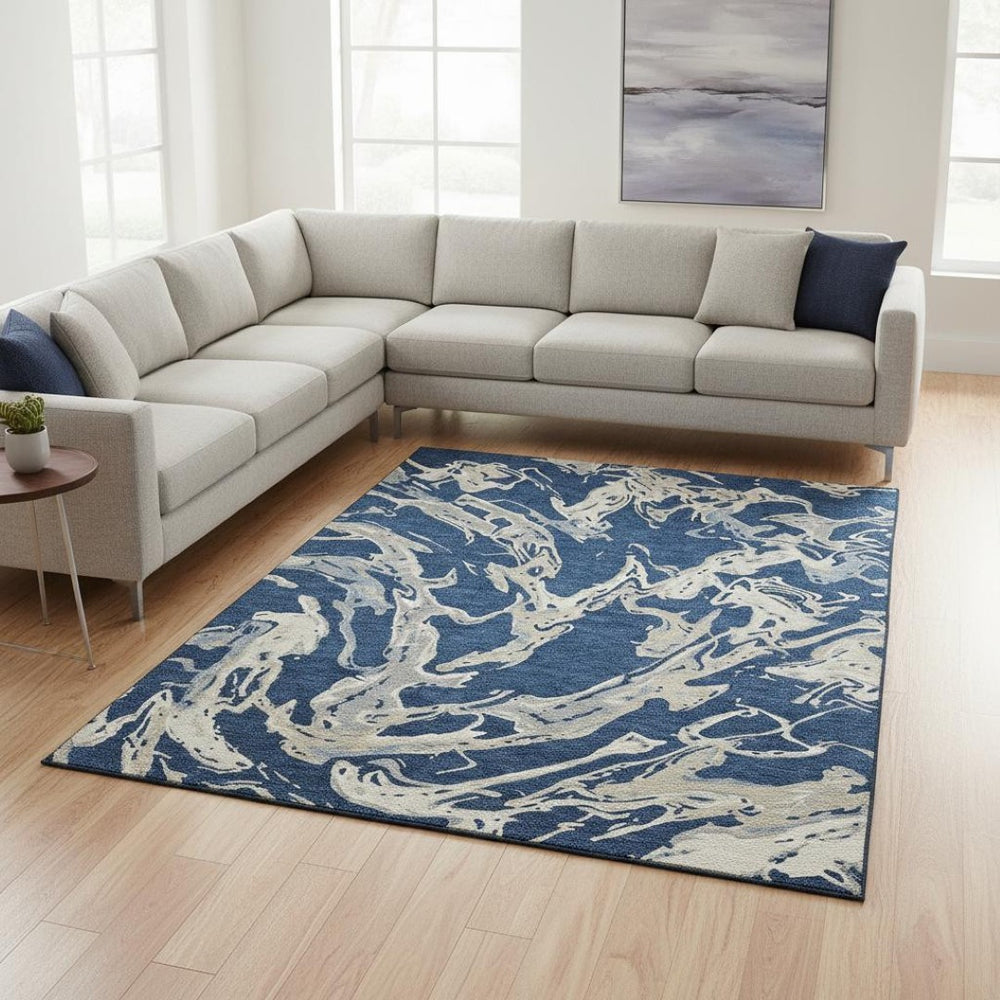 HomeRoots 9' X 12' Navy Blue Ivory Gray Area Rug - Washable, UV Protected, and Stain Resistant for High-Traffic Spaces 681262