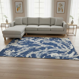 HomeRoots 10' X 14' Navy Blue Ivory Gray Area Rug - Washable, Stain Resistant, UV Protected for Modern Spaces 681263