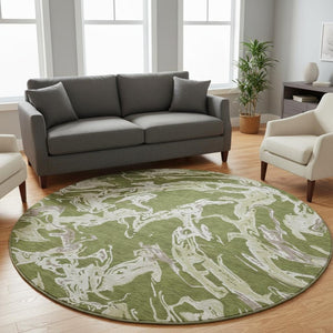 HomeRoots 8' Washable Round Rug in Olive Green, Ivory & Taupe - UV Protected, Stain-Resistant, Modern Design 681266