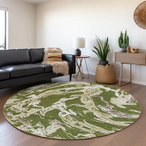 HomeRoots 8' Washable Round Rug in Olive Green, Ivory & Taupe - UV Protected, Stain-Resistant, Modern Design 681266