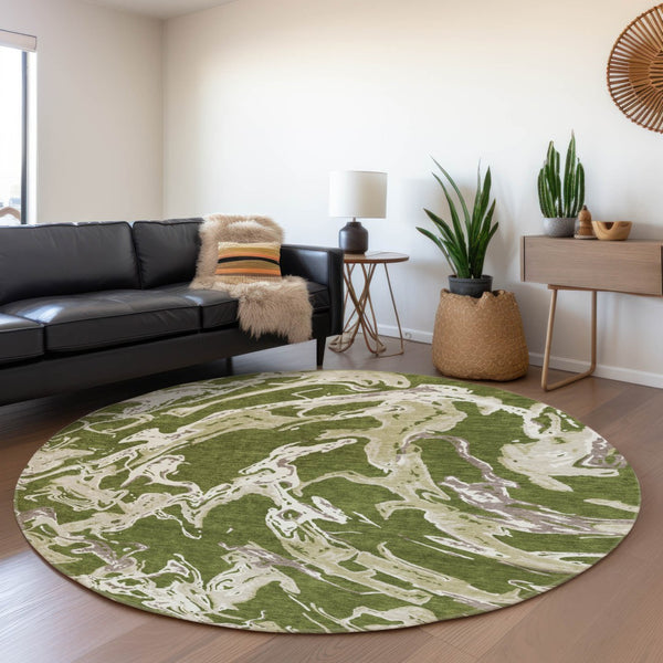 HomeRoots 8' Washable Round Rug in Olive Green, Ivory & Taupe - UV Protected, Stain-Resistant, Modern Design 681266