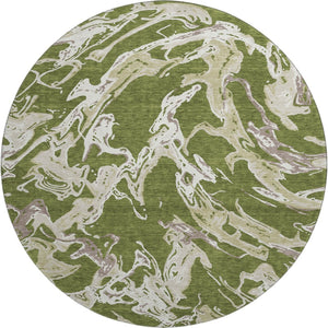 HomeRoots 8' Washable Round Rug in Olive Green, Ivory & Taupe - UV Protected, Stain-Resistant, Modern Design 681266