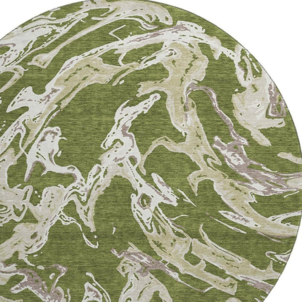 HomeRoots 8' Washable Round Rug in Olive Green, Ivory & Taupe - UV Protected, Stain-Resistant, Modern Design 681266